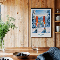 Ski Destination Art - Stowe Vermont Landscape View Print, Winter Sport Poster featuring ski equipment in a cozy setting.
