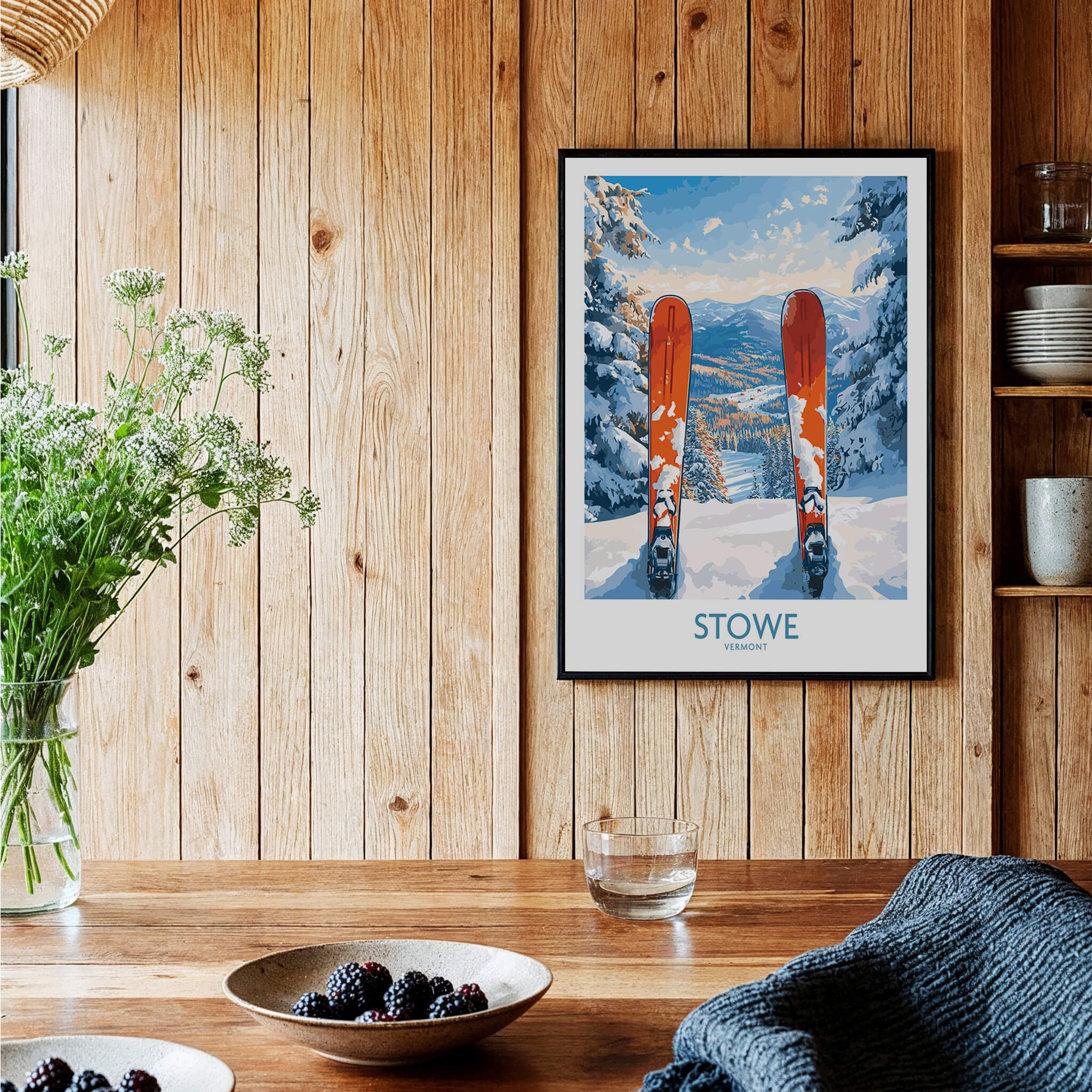 Ski Destination Art - Stowe Vermont Landscape View Print, Winter Sport Poster featuring ski equipment in a cozy setting.
