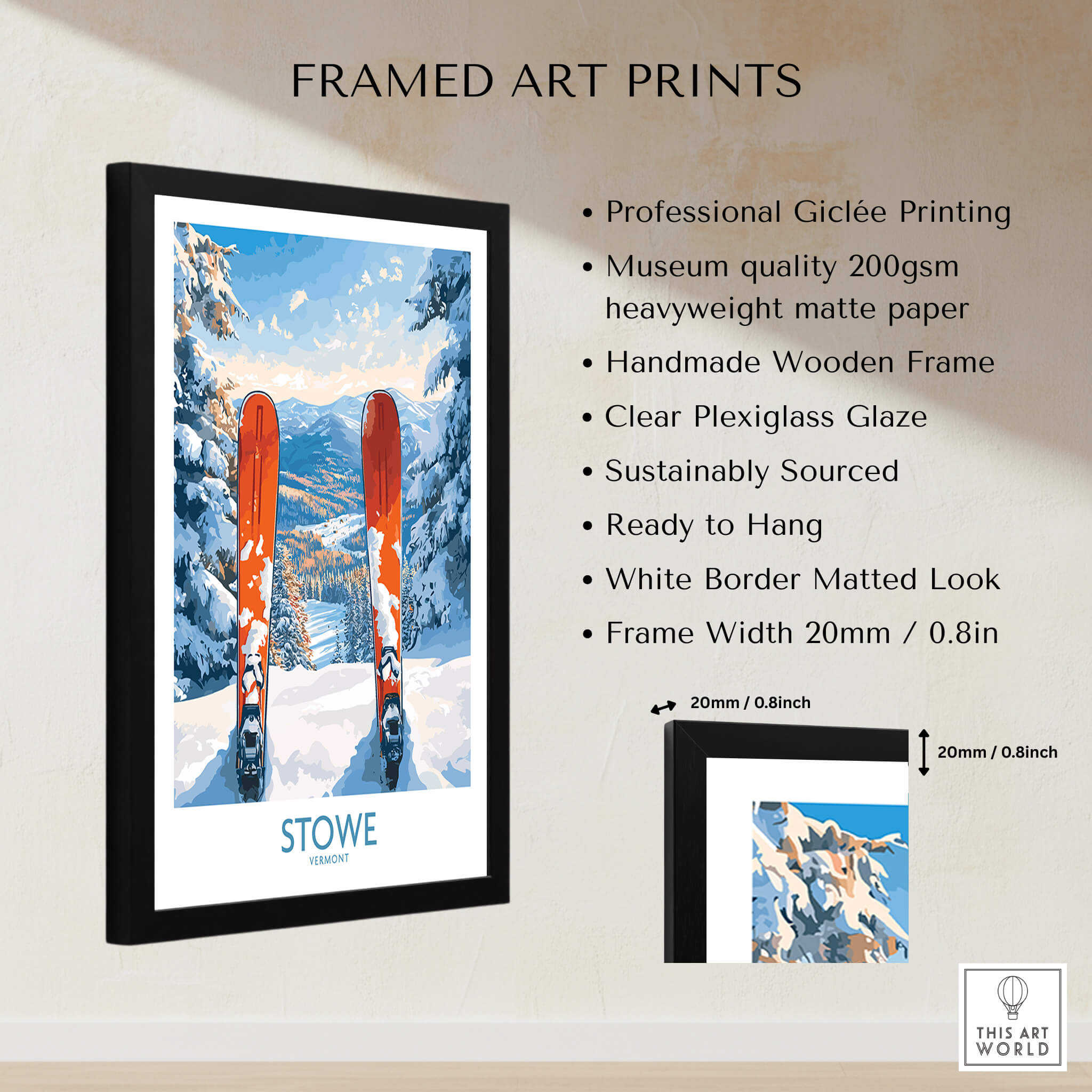 Ski Destination Art - Stowe Vermont Landscape View Print, Winter Sport Poster in a framed presentation.