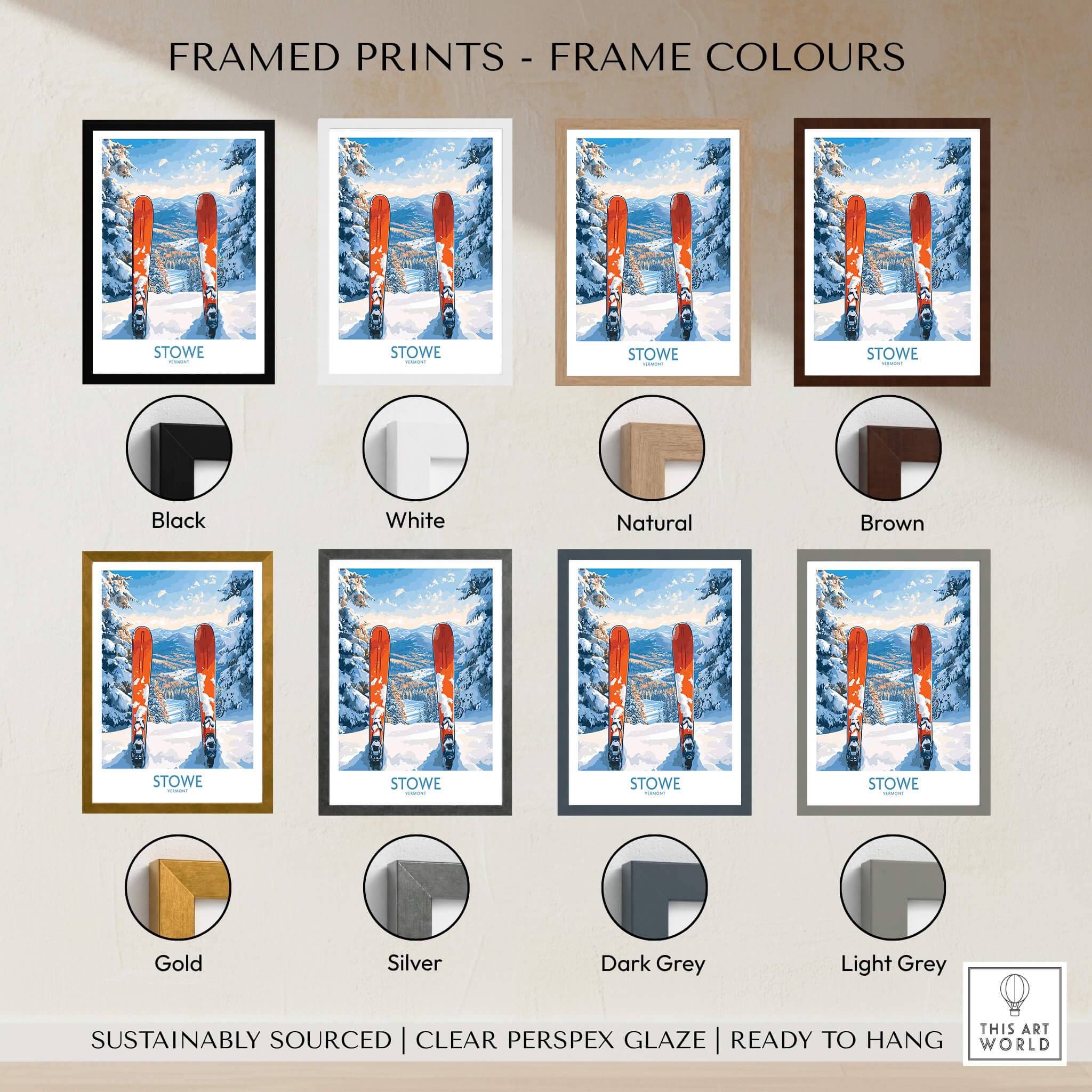 Ski Destination Art - Stowe Vermont Landscape View Print, Winter Sport Poster framed print color options.