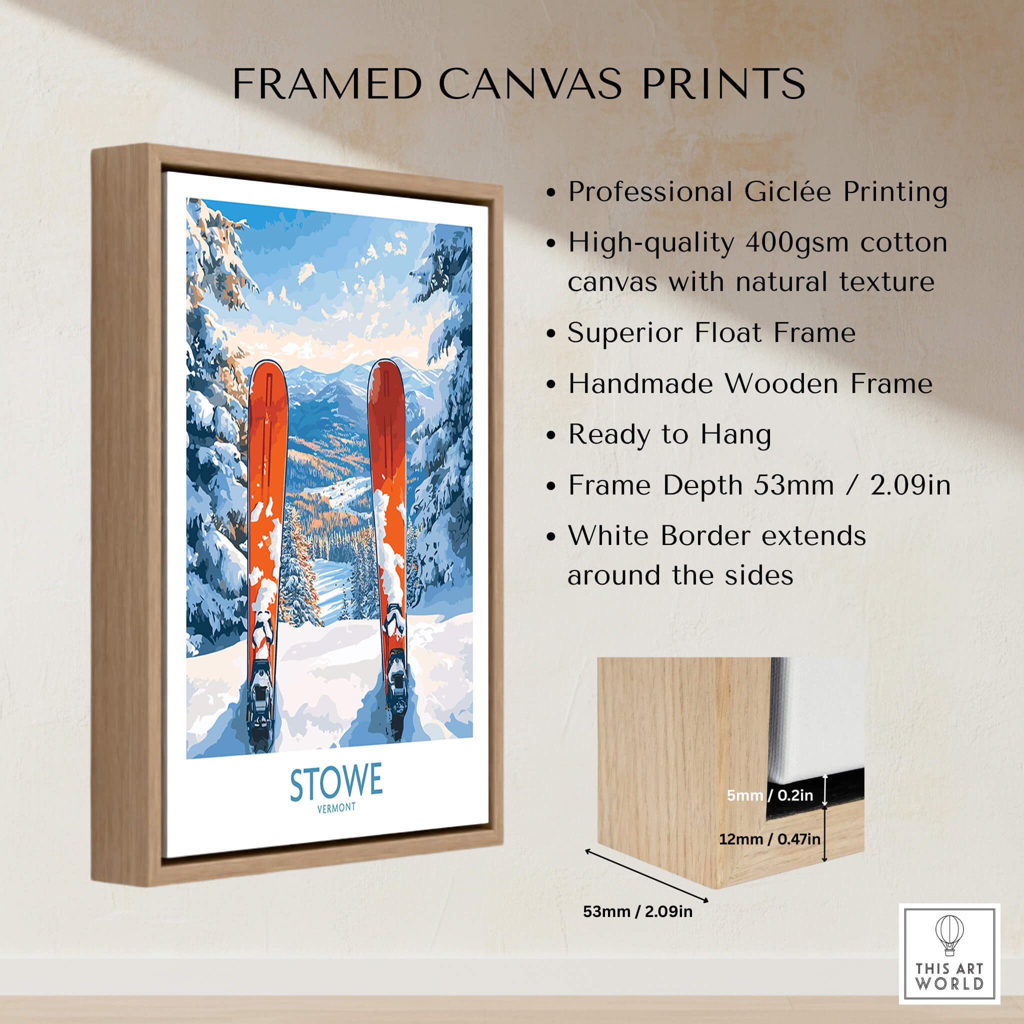 Ski Destination Art - Stowe Vermont Landscape View Print, Winter Sport Poster showcased with framed canvas prints.