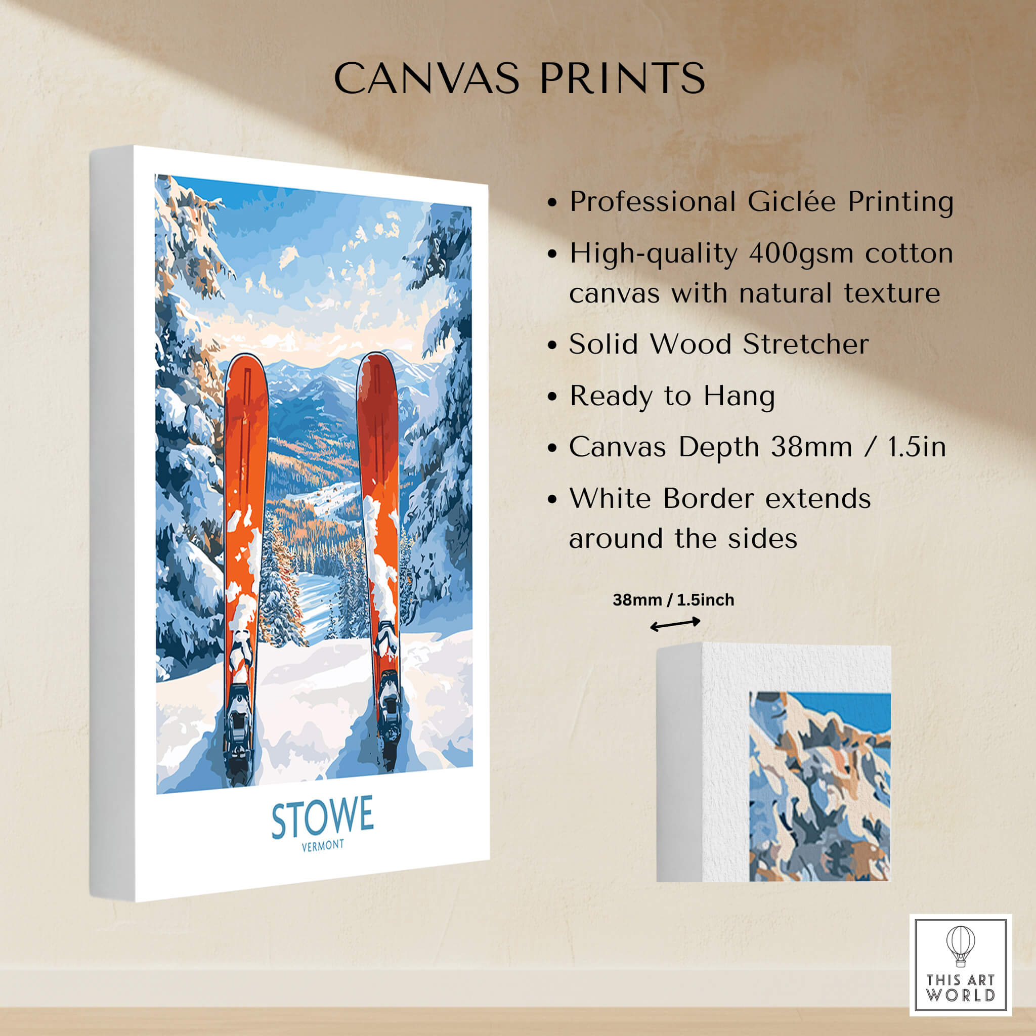 Ski Destination Art - Stowe Vermont Landscape View Print, Winter Sport Poster featuring vibrant skiing scene.