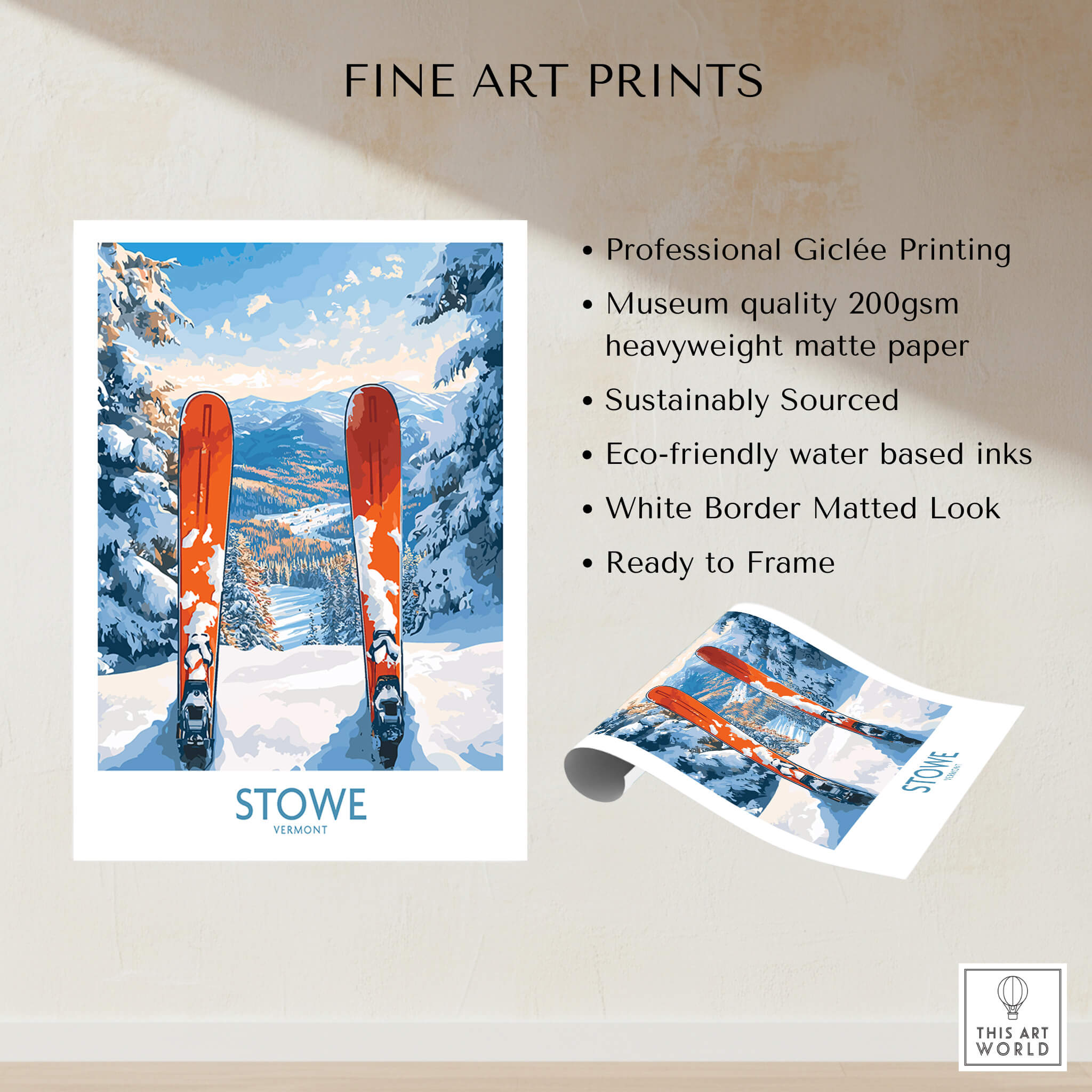 Ski Destination Art - Stowe Vermont Landscape View Print, Winter Sport Poster featuring colorful skis and snowy mountains.