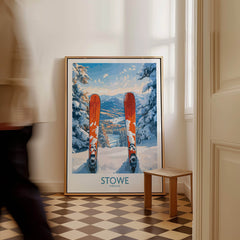 Ski Destination Art - Stowe Vermont Landscape View Print, Winter Sport Poster displayed in a cozy interior setting.