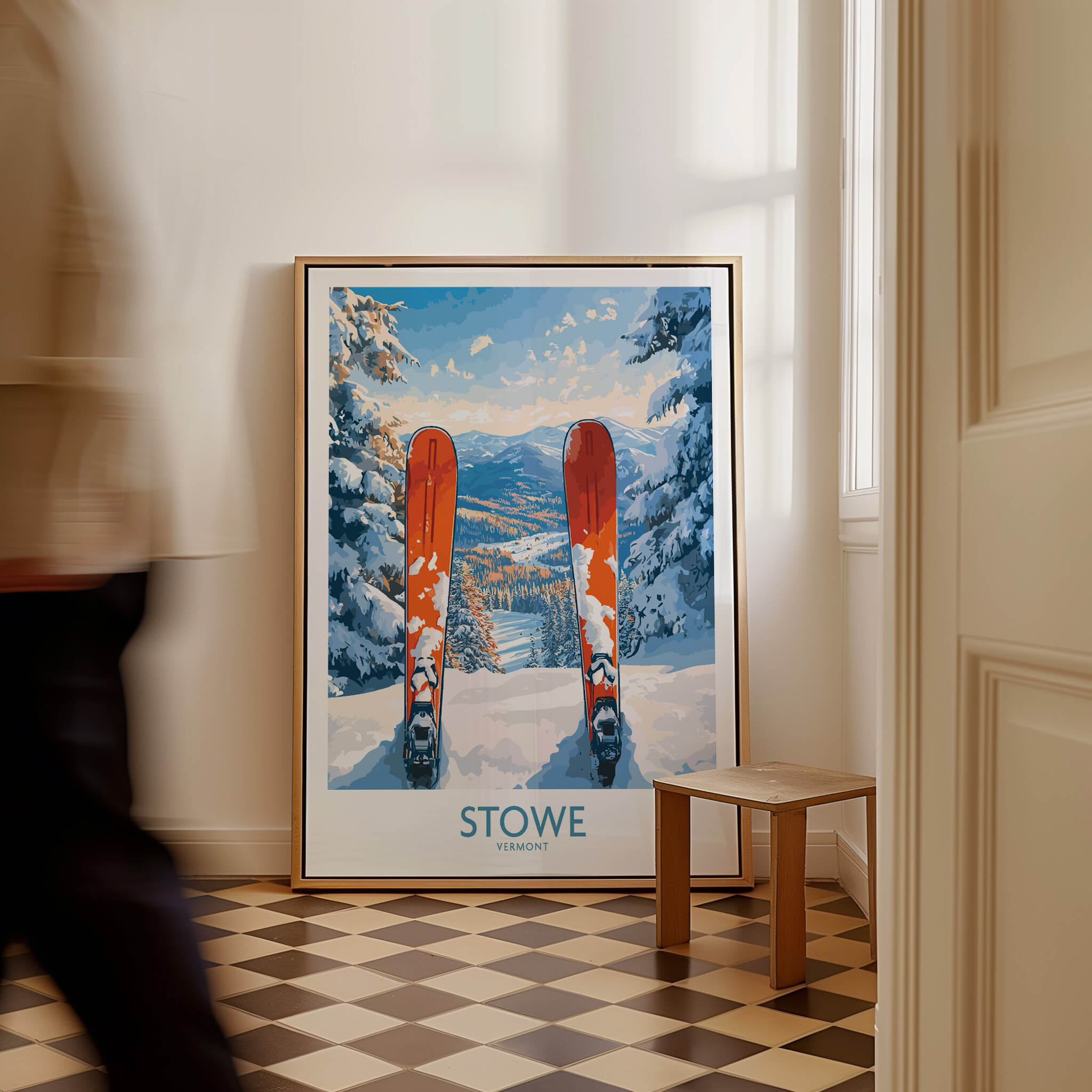 Ski Destination Art - Stowe Vermont Landscape View Print, Winter Sport Poster displayed in a cozy interior setting.