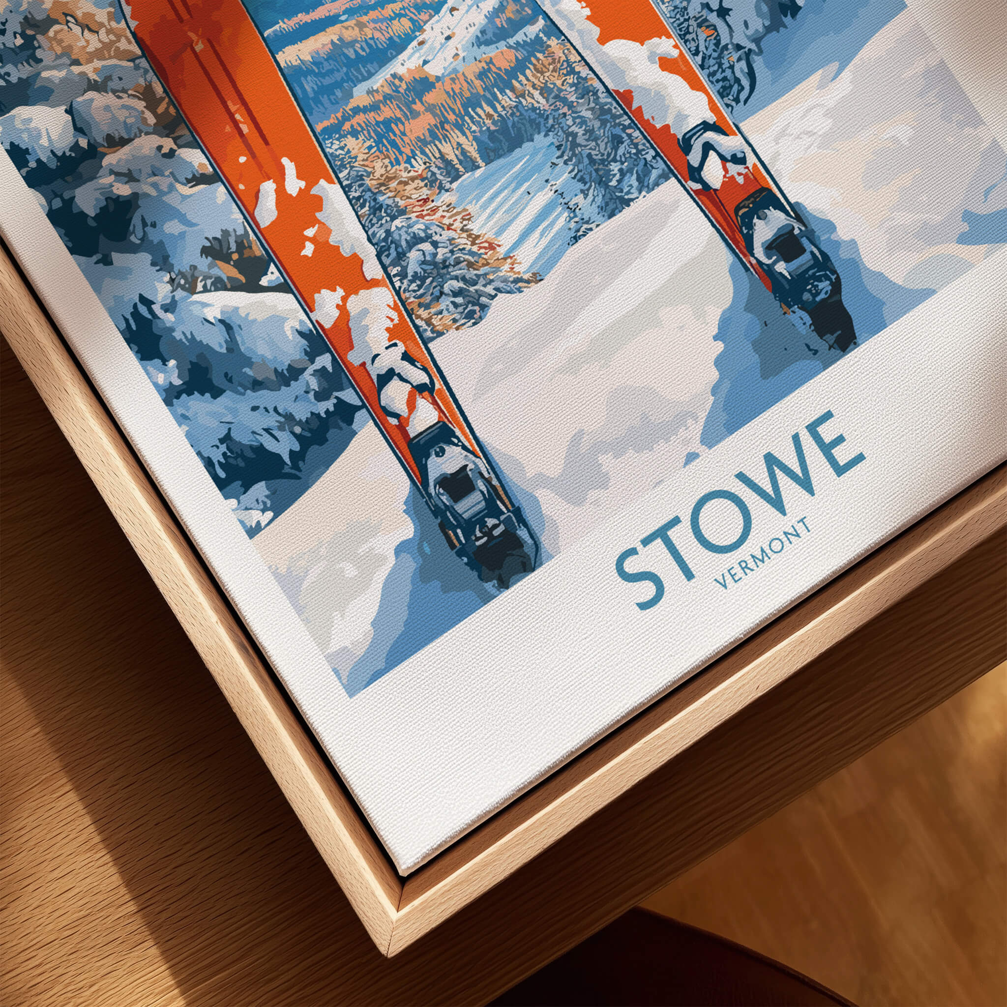 Ski Destination Art - Stowe Vermont Landscape View Print, Winter Sport Poster showcasing vibrant ski graphics.