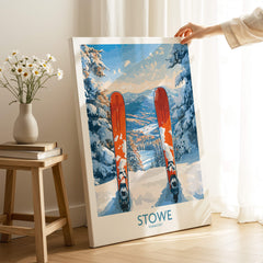 Ski Destination Art - Stowe Vermont Landscape View Print, Winter Sport Poster displayed in a cozy room with skis.