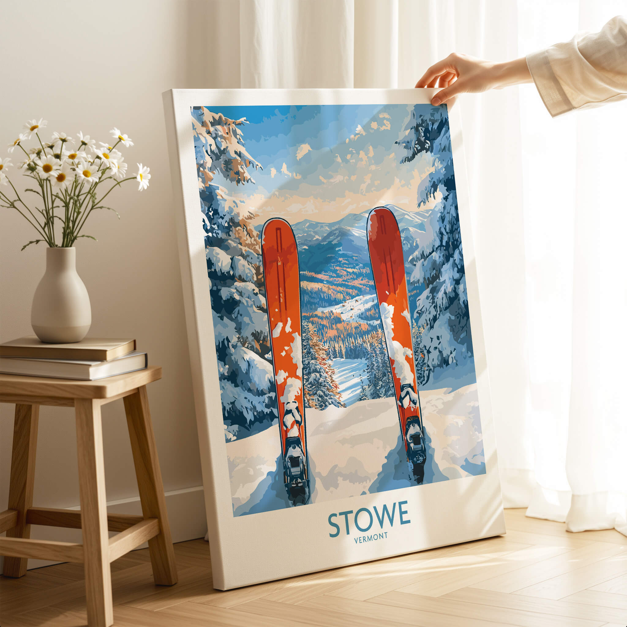 Ski Destination Art - Stowe Vermont Landscape View Print, Winter Sport Poster displayed in a cozy room with skis.