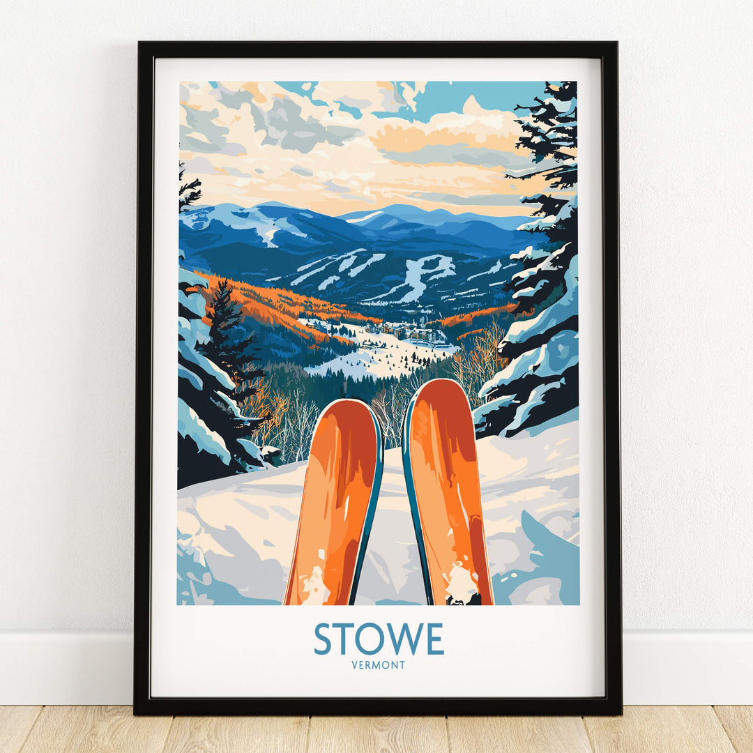 Stowe Valley Ski Wall Art - Vermont Winter Landscape Print, Ski Season Decor featuring scenic mountains and ski equipment.