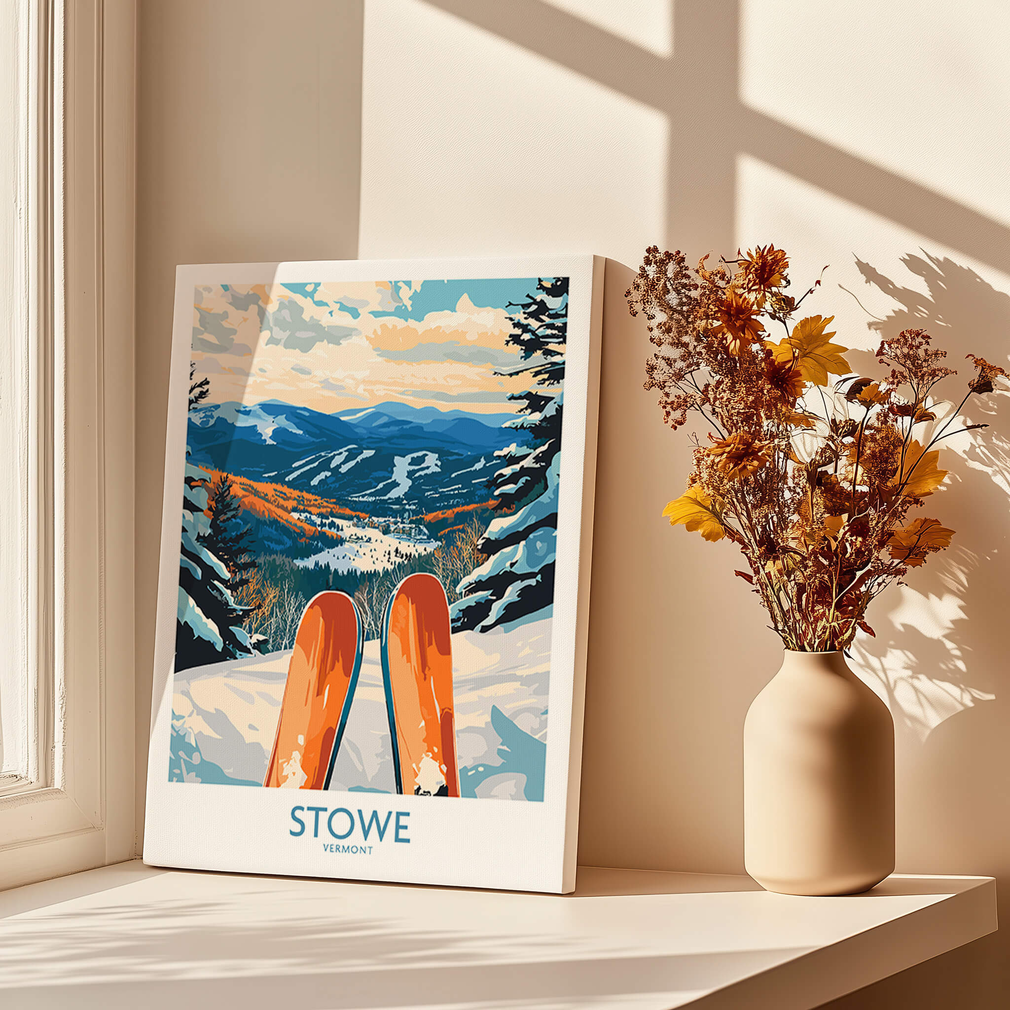 Stowe Valley Ski Wall Art - Vermont Winter Landscape Print, Ski Season Decor featuring vibrant snowy mountains and skis.