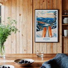 Stowe Valley Ski Wall Art - Vermont Winter Landscape Print, Ski Season Decor displayed on a wooden wall with rustic decor.