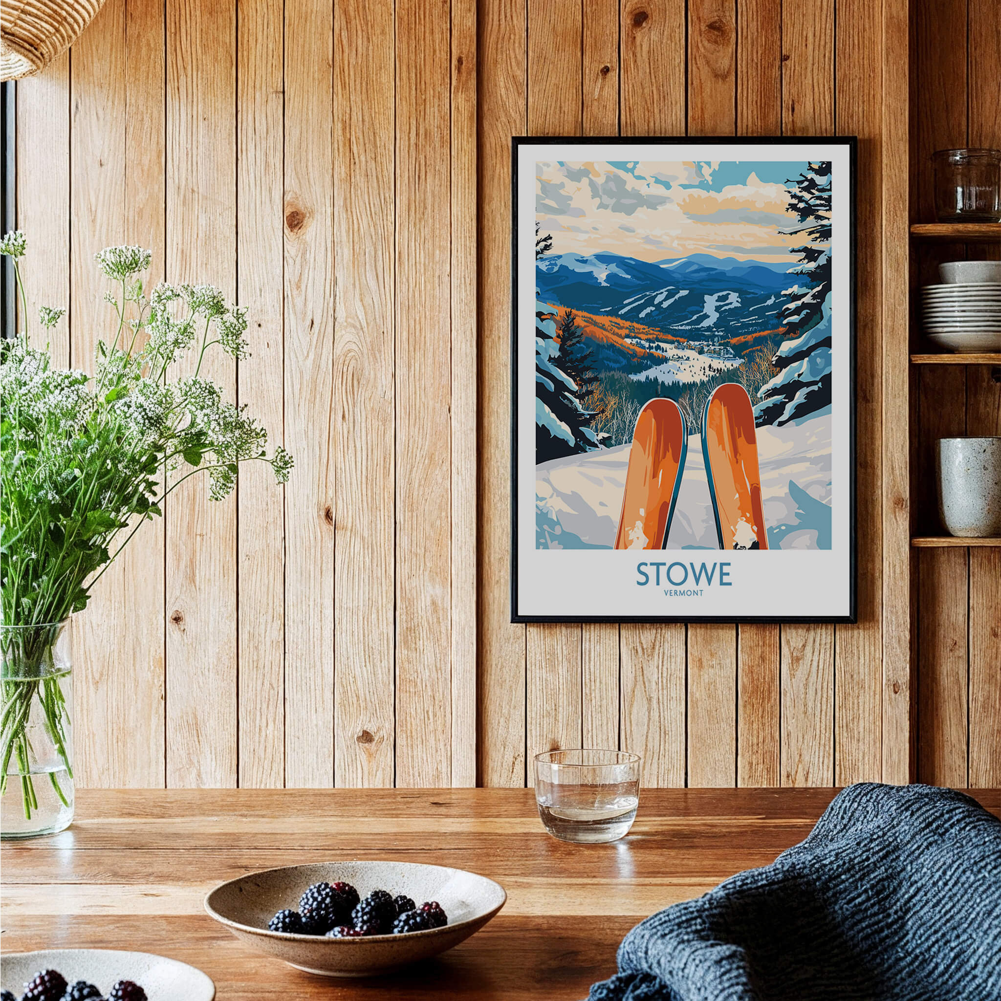 Stowe Valley Ski Wall Art - Vermont Winter Landscape Print, Ski Season Decor displayed on a wooden wall with rustic decor.