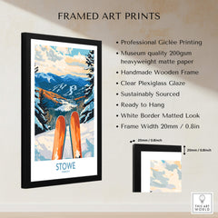 Stowe Valley Ski Wall Art - Vermont Winter Landscape Print, Ski Season Decor framed with wooden frame and ready to hang.