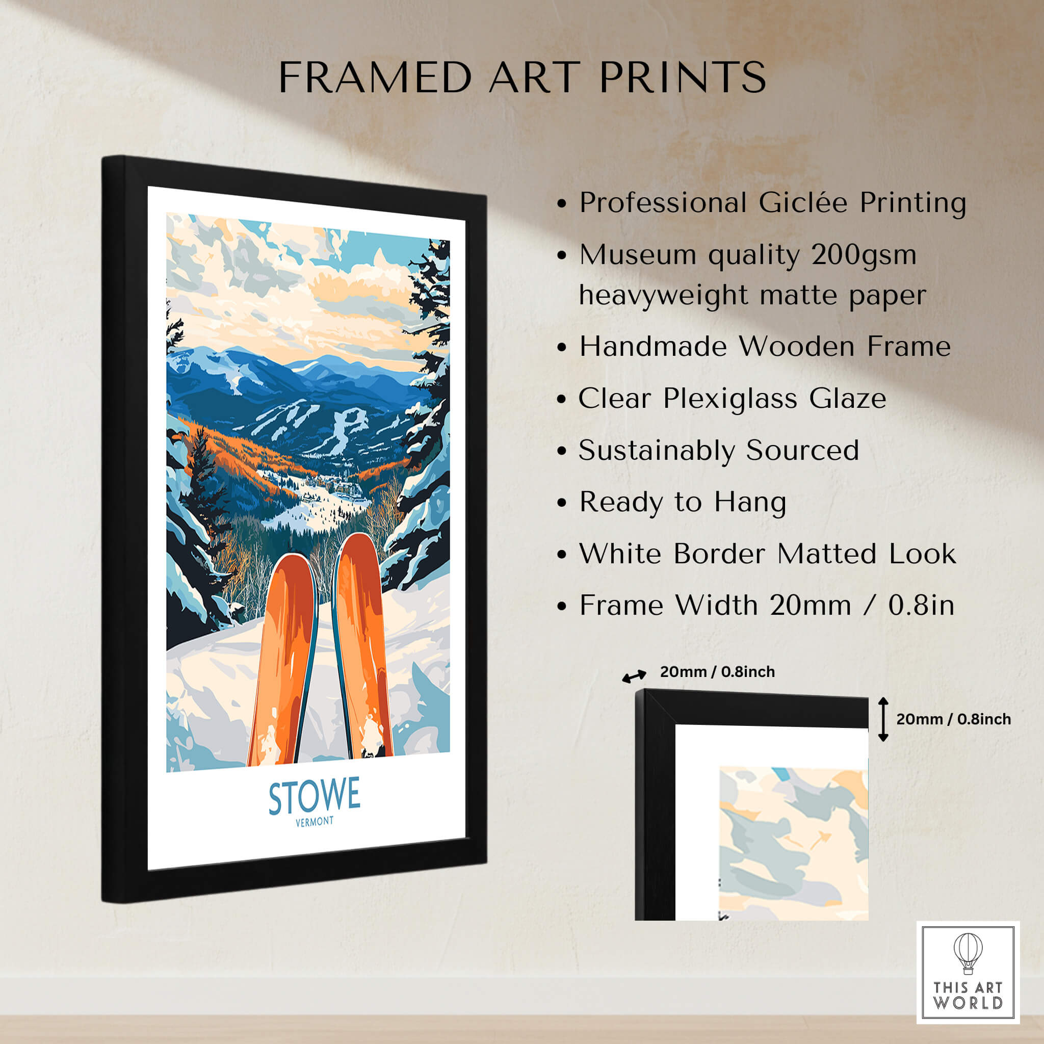 Stowe Valley Ski Wall Art - Vermont Winter Landscape Print, Ski Season Decor framed with wooden frame and ready to hang.