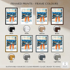 Stowe Valley Ski Wall Art - Vermont Winter Landscape Print, Ski Season Decor with various frame colors.