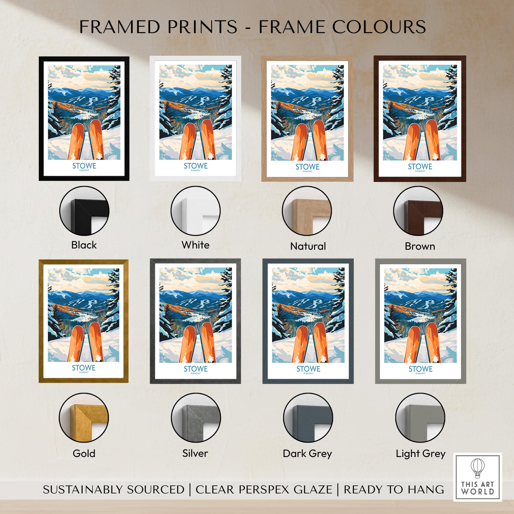 Stowe Valley Ski Wall Art - Vermont Winter Landscape Print, Ski Season Decor with various frame colors.