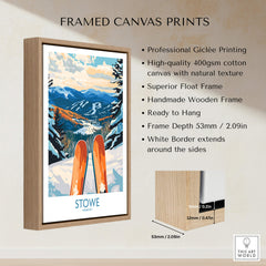 Stowe Valley Ski Wall Art - Vermont Winter Landscape Print, Ski Season Decor displayed in a frame with natural wood.