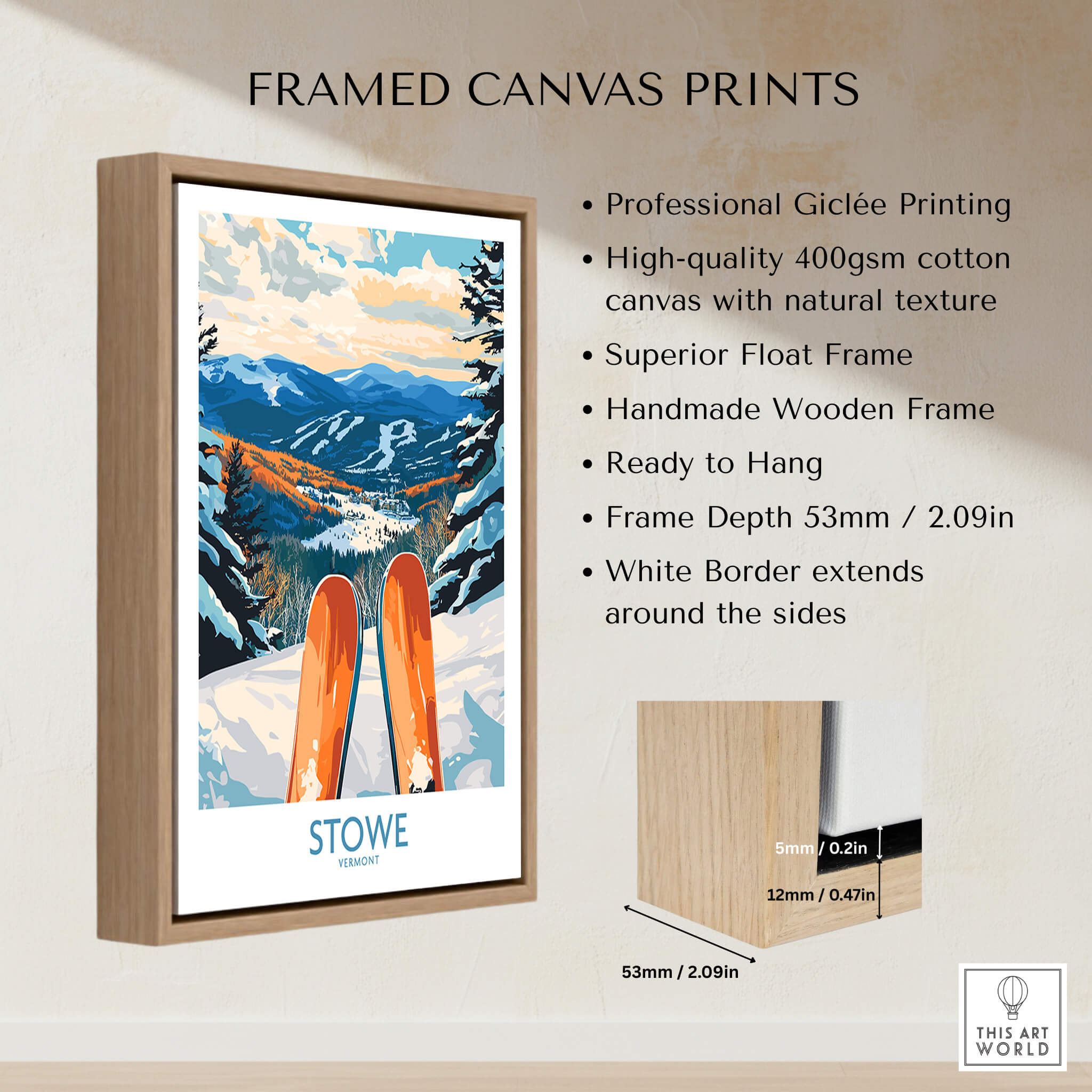 Stowe Valley Ski Wall Art - Vermont Winter Landscape Print, Ski Season Decor displayed in a frame with natural wood.