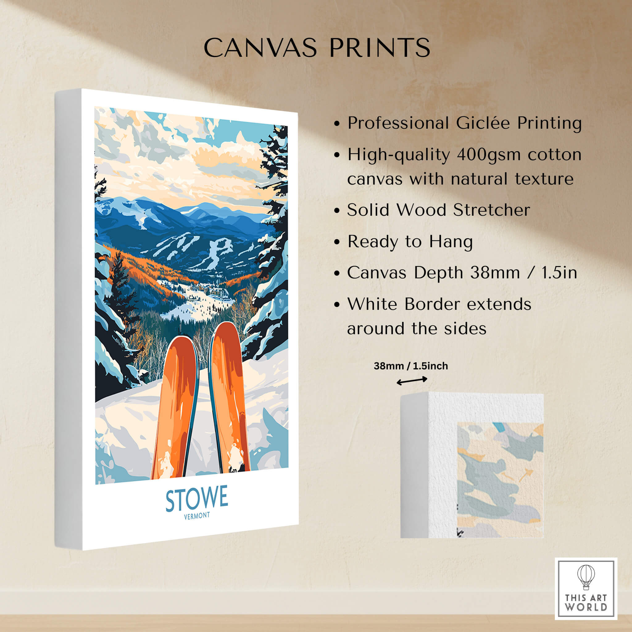 Stowe Valley Ski Wall Art - Vermont Winter Landscape Print, Ski Season Decor showcasing a colorful winter scene and ski gear.