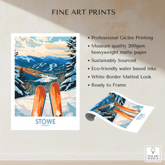 Stowe Valley Ski Wall Art - Vermont Winter Landscape Print, Ski Season Decor featuring vibrant skiing graphics.