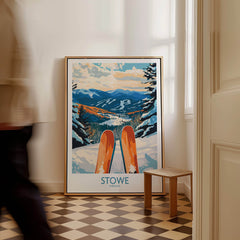 Stowe Valley Ski Wall Art - Vermont Winter Landscape Print, Ski Season Decor showcasing vibrant winter landscape and skis.