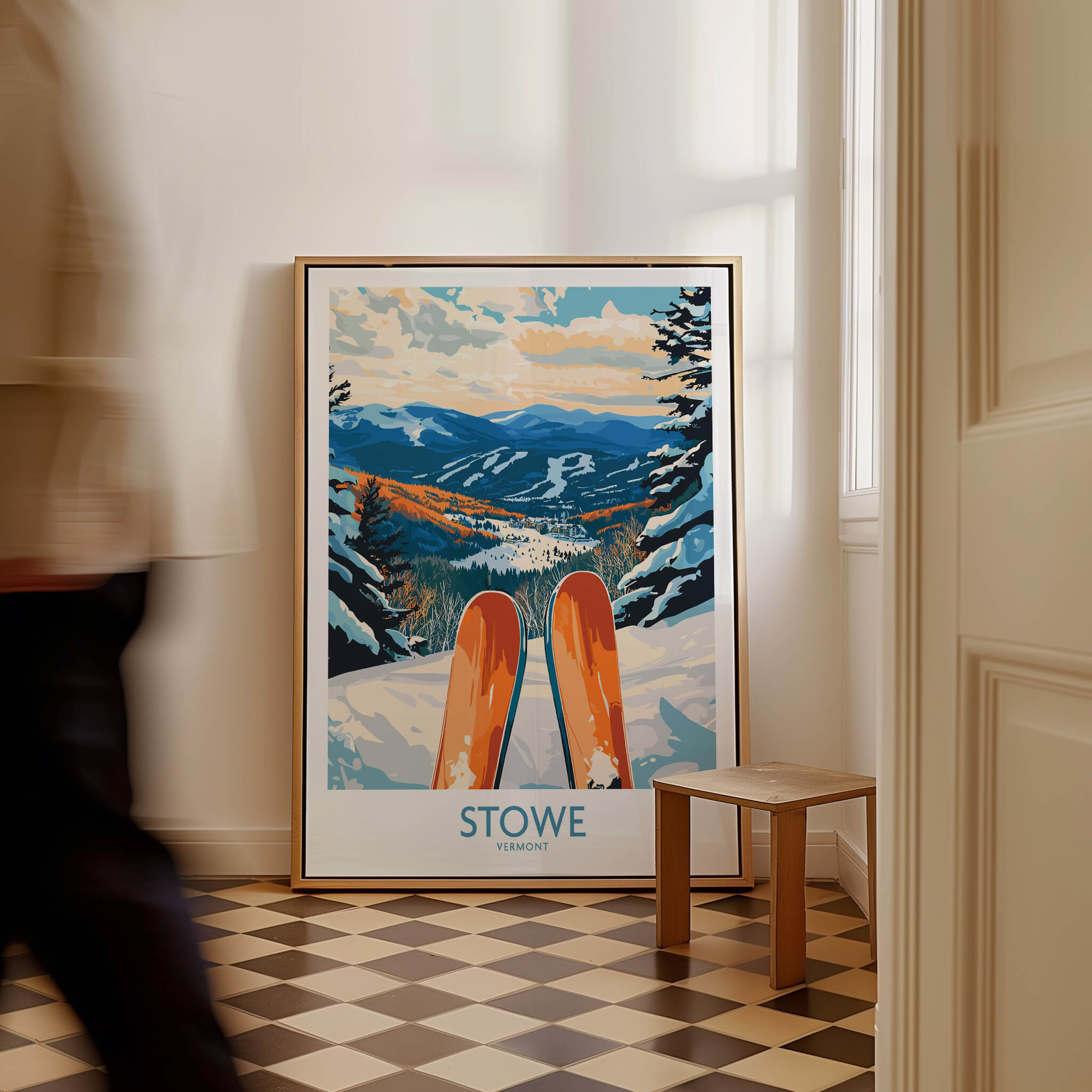 Stowe Valley Ski Wall Art - Vermont Winter Landscape Print, Ski Season Decor showcasing vibrant winter landscape and skis.