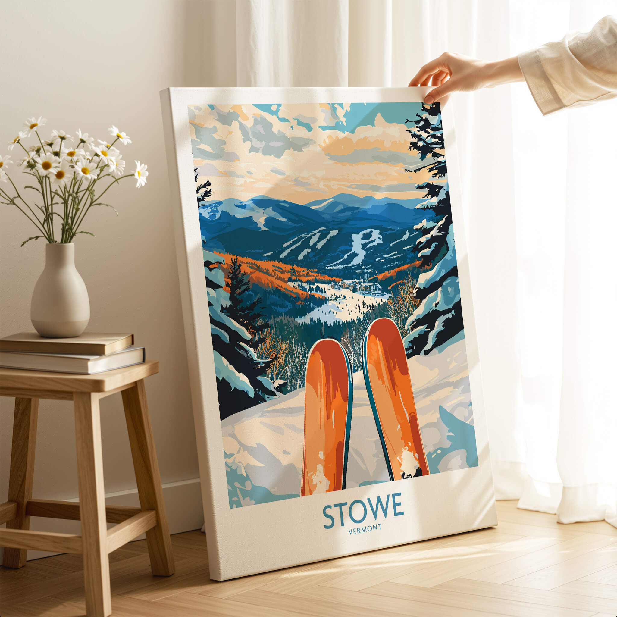 Stowe Valley Ski Wall Art - Vermont Winter Landscape Print, Ski Season Decor showcasing vibrant winter scenery.