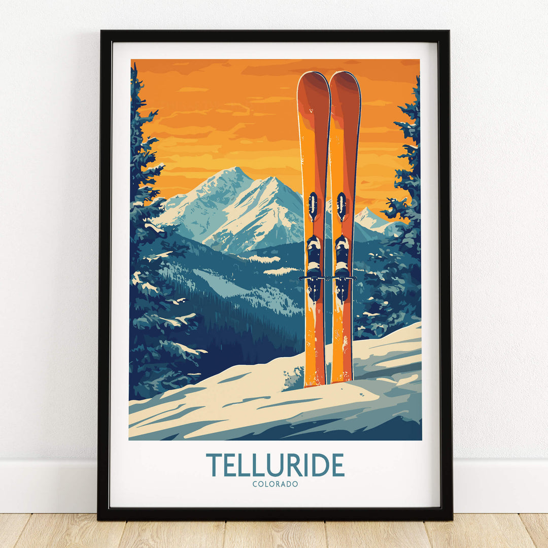 Telluride Ski Print - Colorado framed art featuring skis against a picturesque mountain backdrop.