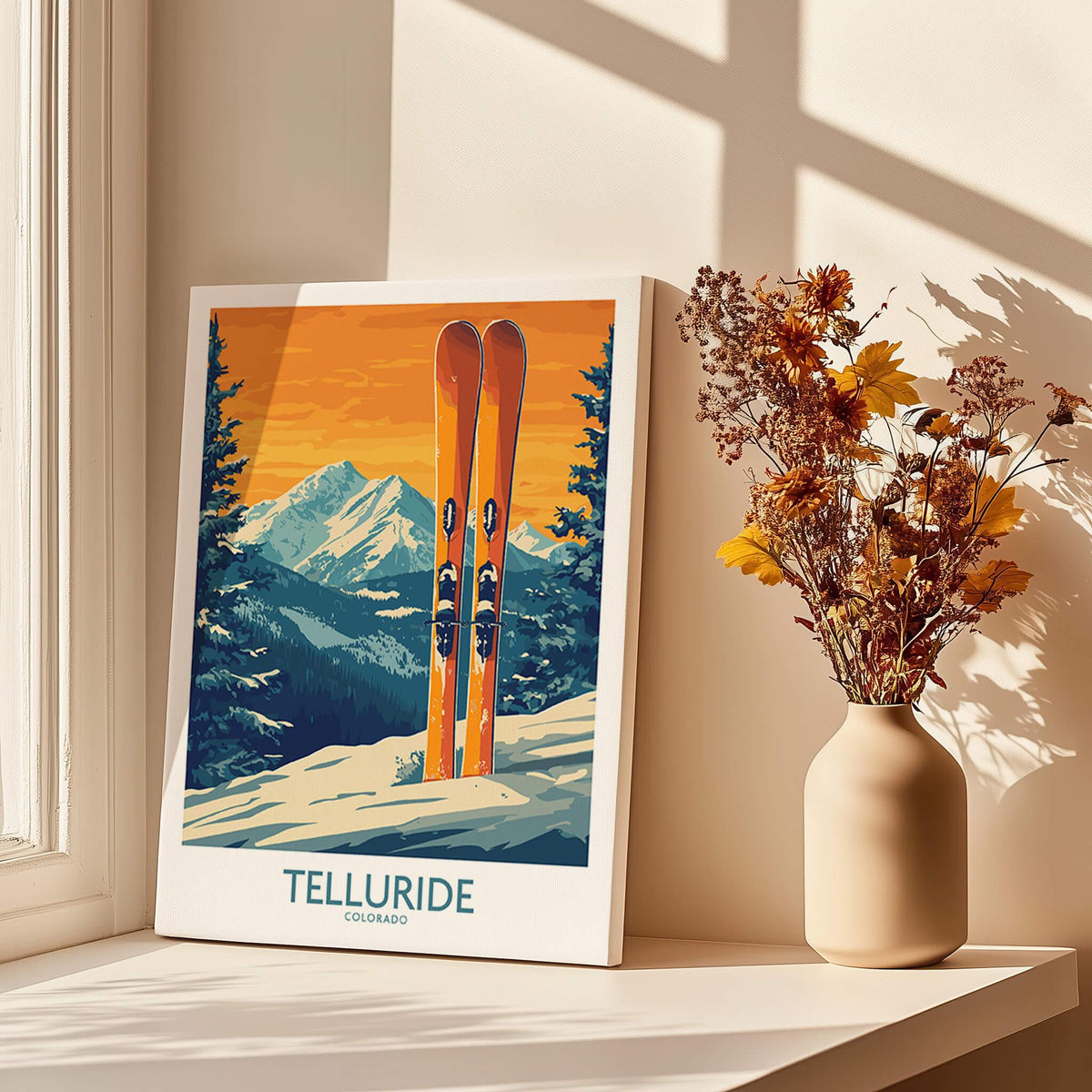 Telluride Ski Print - Colorado featuring vibrant ski art and mountain scenery in a cozy interior setting.