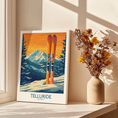 Telluride Ski Print - Colorado featuring vibrant ski art and mountain scenery in a cozy interior setting.