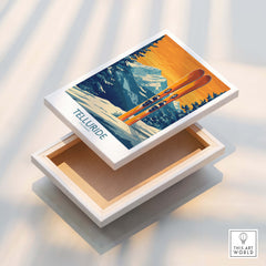 Telluride Ski Print - Colorado artwork featuring vintage skis against a snowy mountain backdrop.