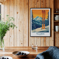 Telluride Ski Print - Colorado displayed in a rustic setting with wooden walls and ski decor.