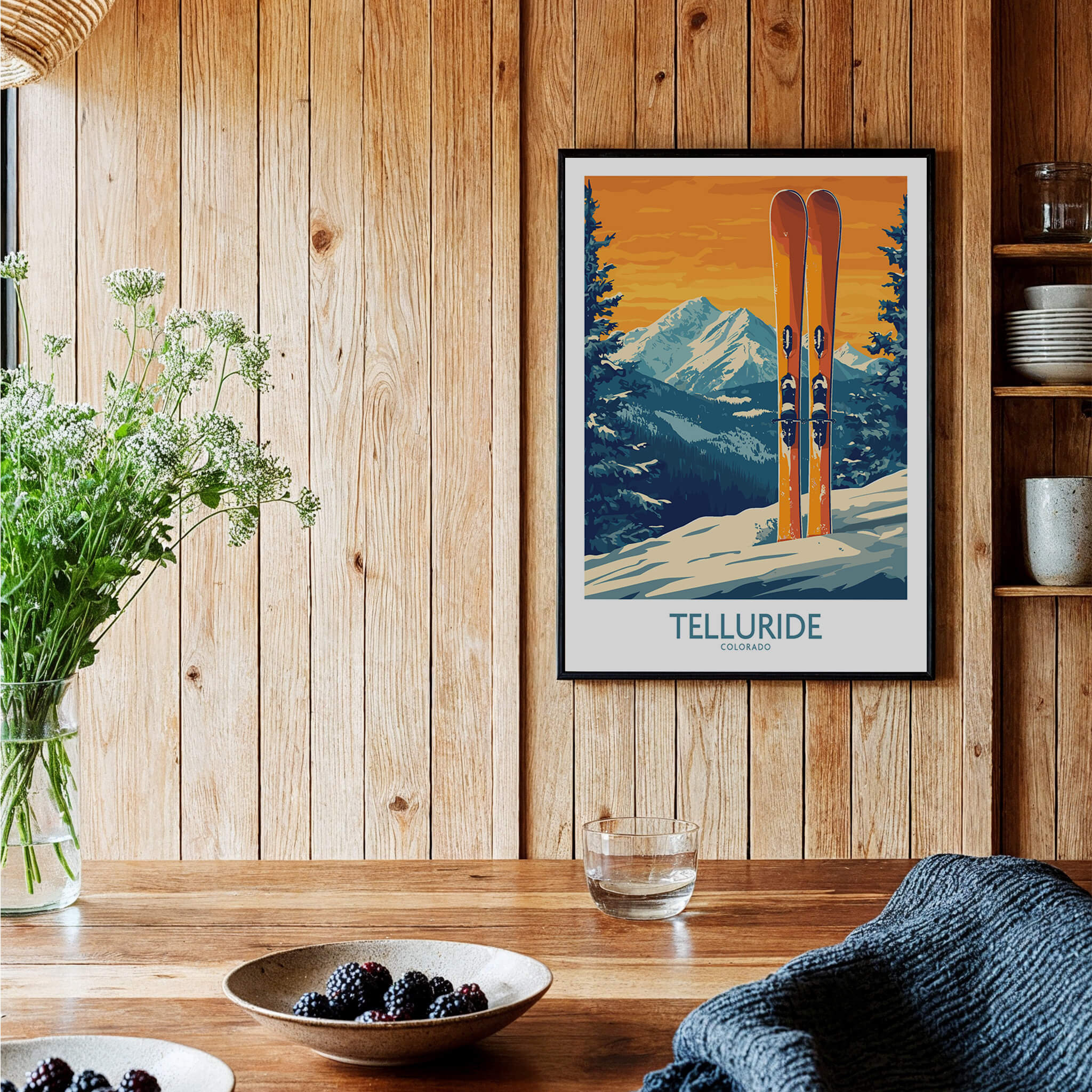 Telluride Ski Print - Colorado displayed in a rustic setting with wooden walls and ski decor.