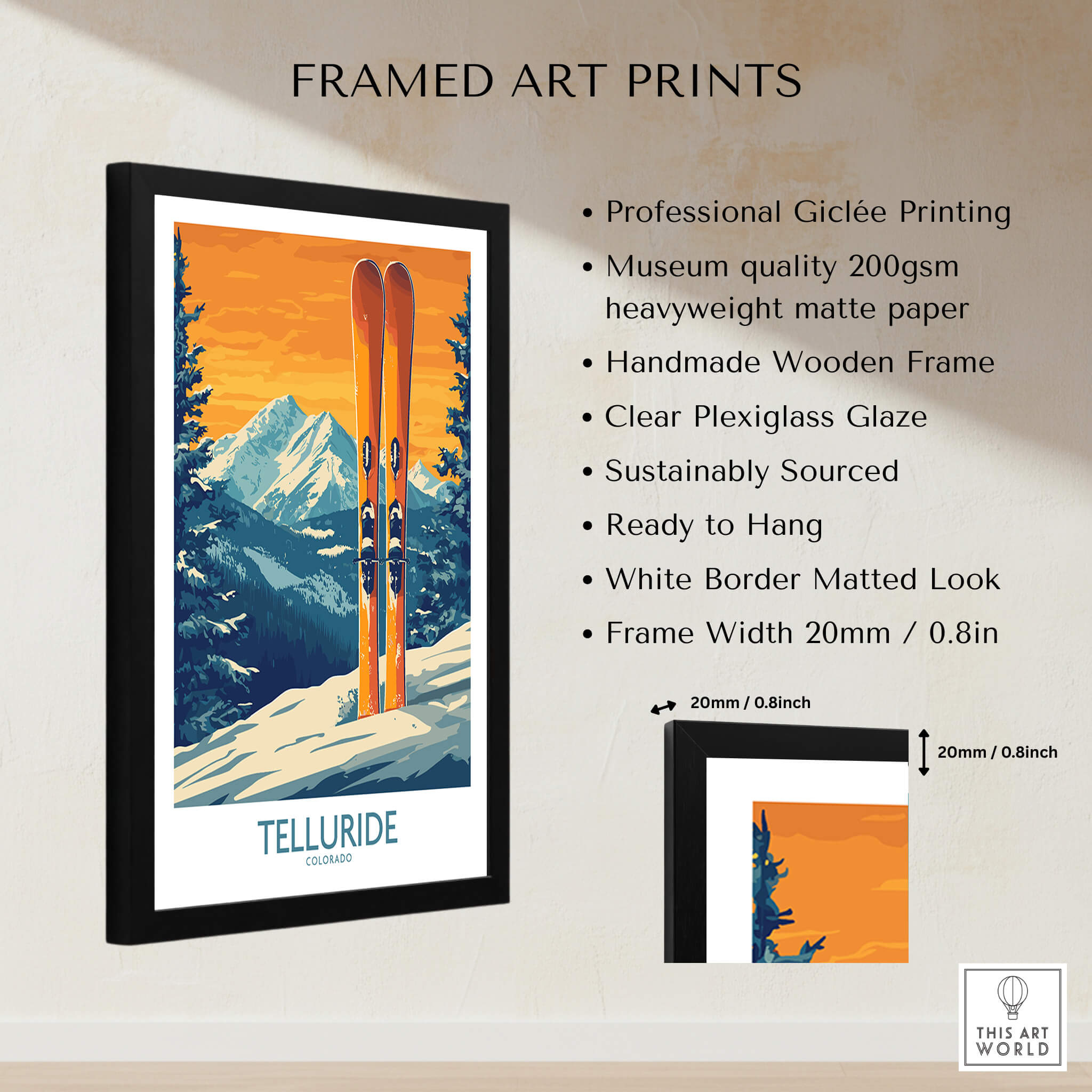 Telluride Ski Print - Colorado framed art print showcasing skiing in a stunning mountain landscape.