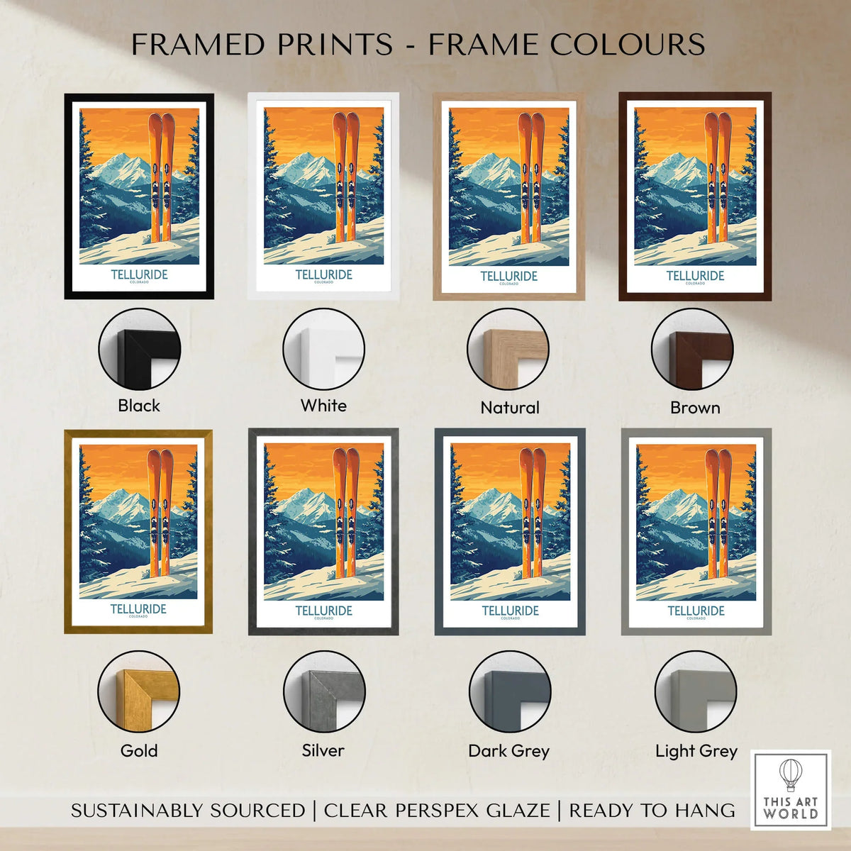 Telluride Ski Print - Colorado framed print color options including black, white, natural, brown, gold, silver, dark grey, light grey.