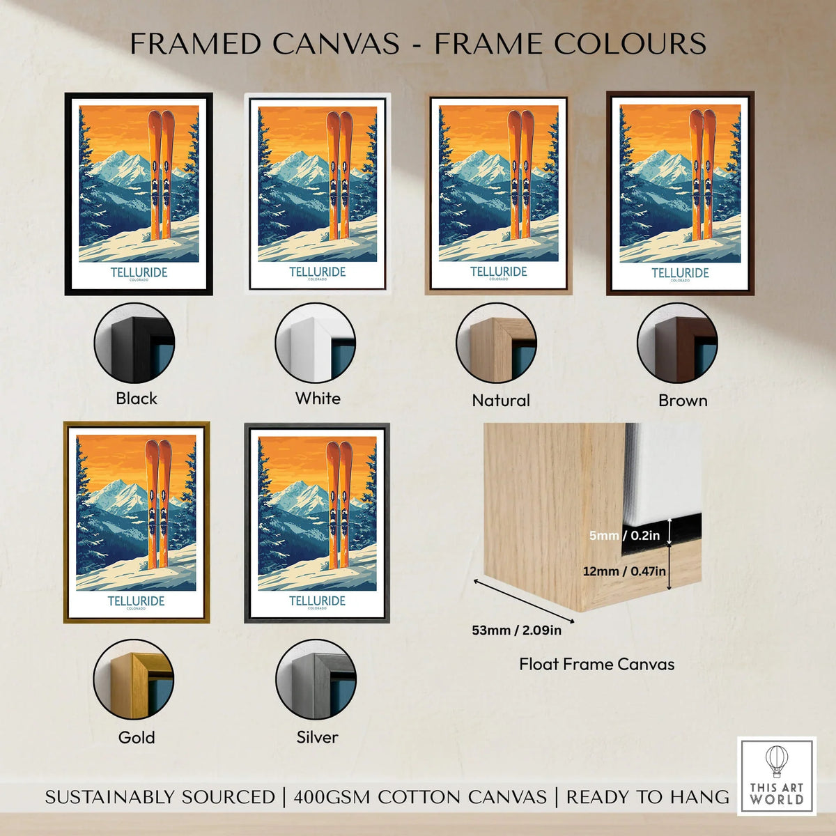 Telluride Ski Print - Colorado framed canvas options in various colors including black, white, natural, brown, gold, and silver.