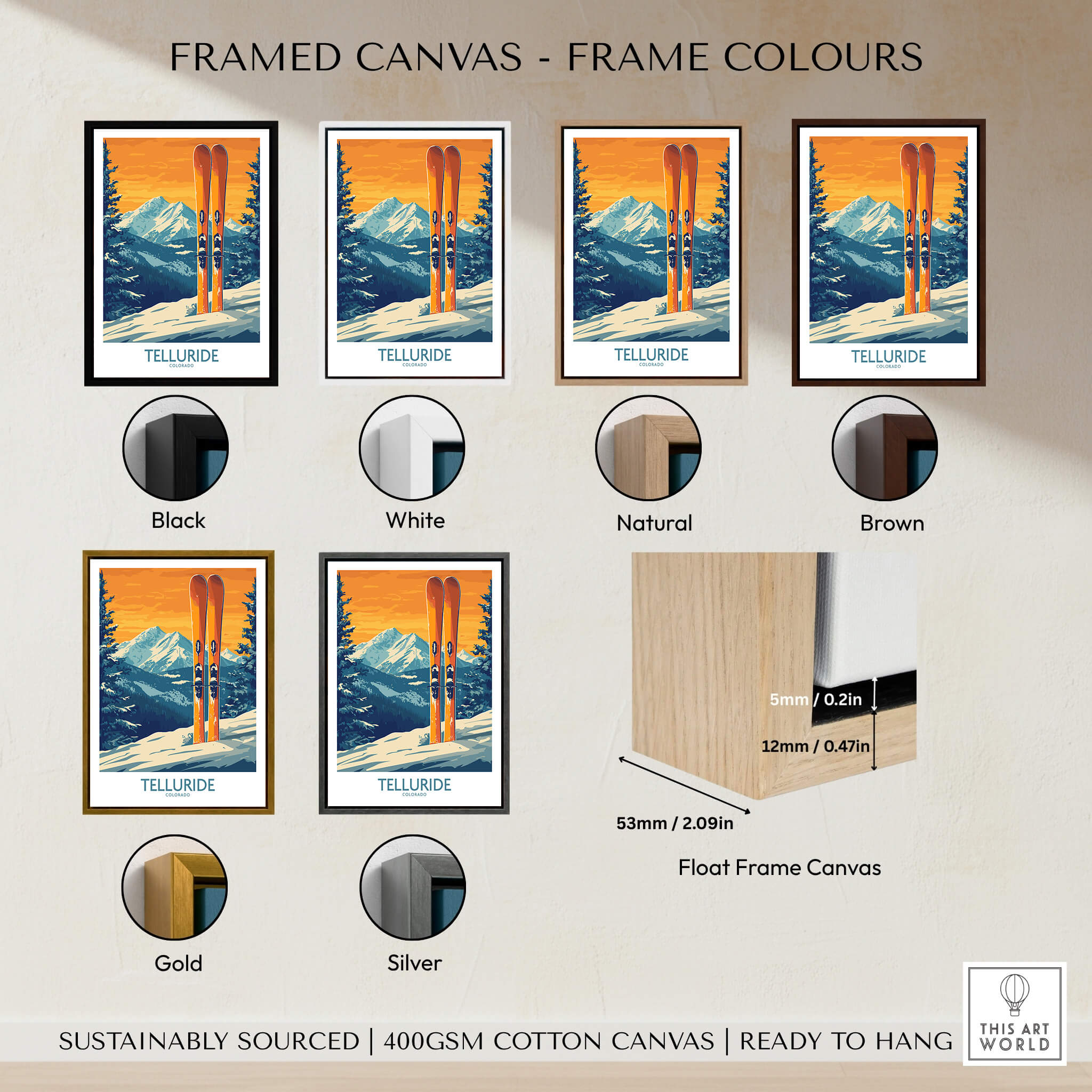 Telluride Ski Print - Colorado framed canvas options in various colors including black, white, natural, brown, gold, and silver.