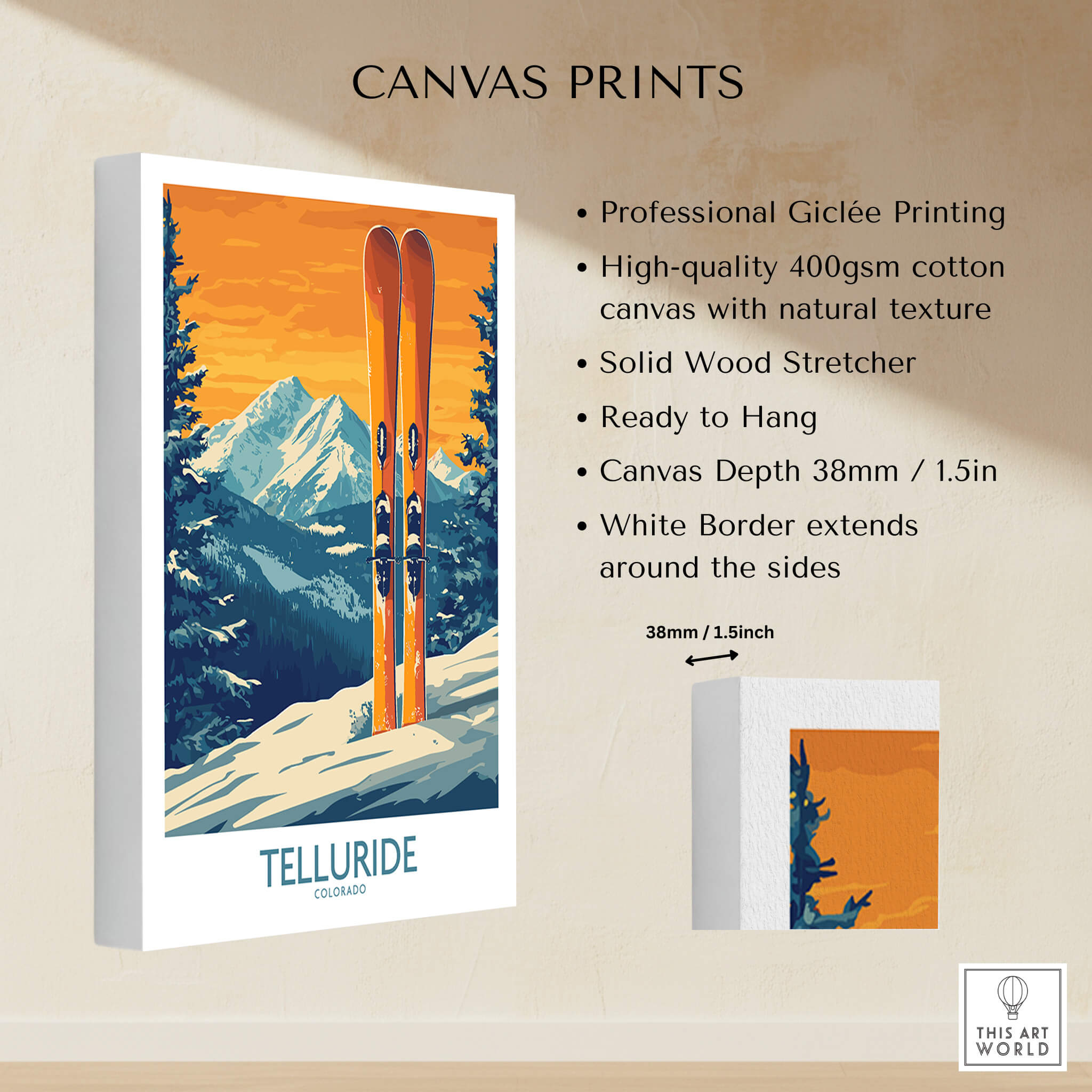 Telluride Ski Print - Colorado high-quality canvas print showcasing skis against a mountain backdrop.