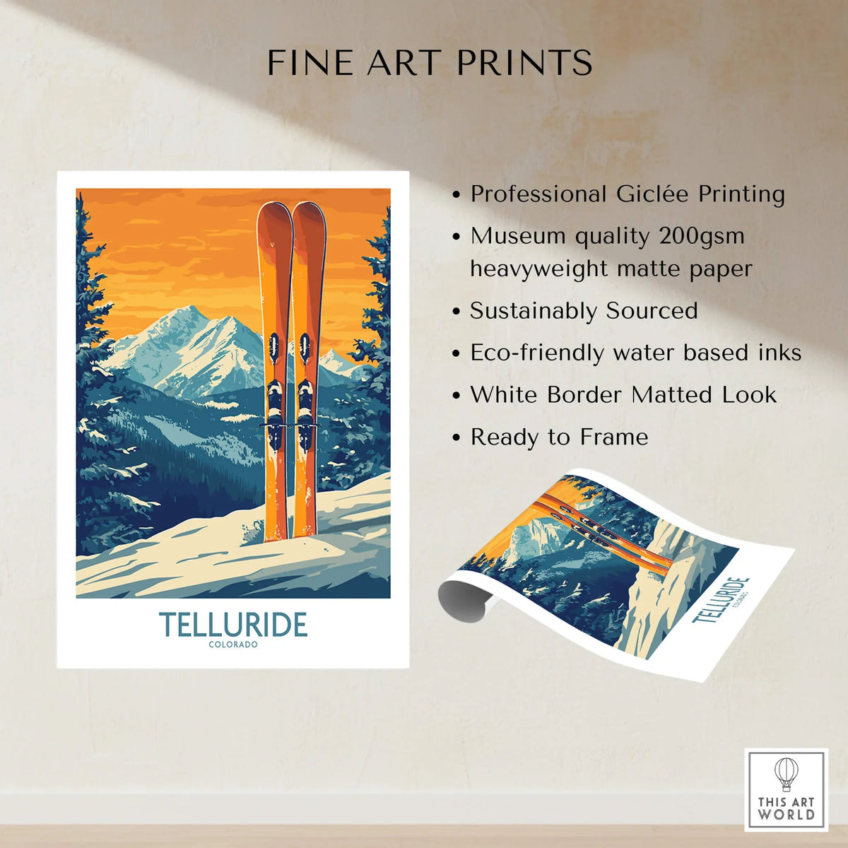 Telluride Ski Print - Colorado showcasing professional Giclée printing and stunning mountain ski art.