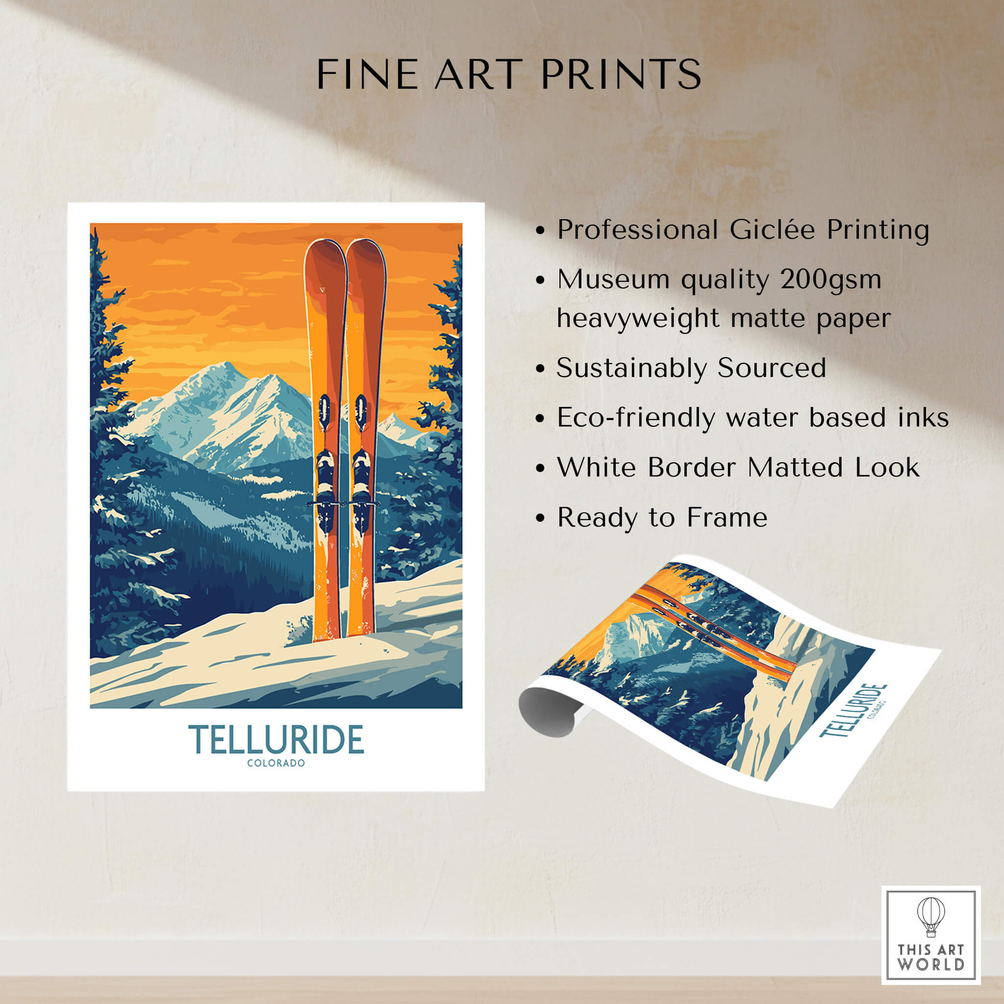 Telluride Ski Print - Colorado showcasing professional Giclée printing and stunning mountain ski art.