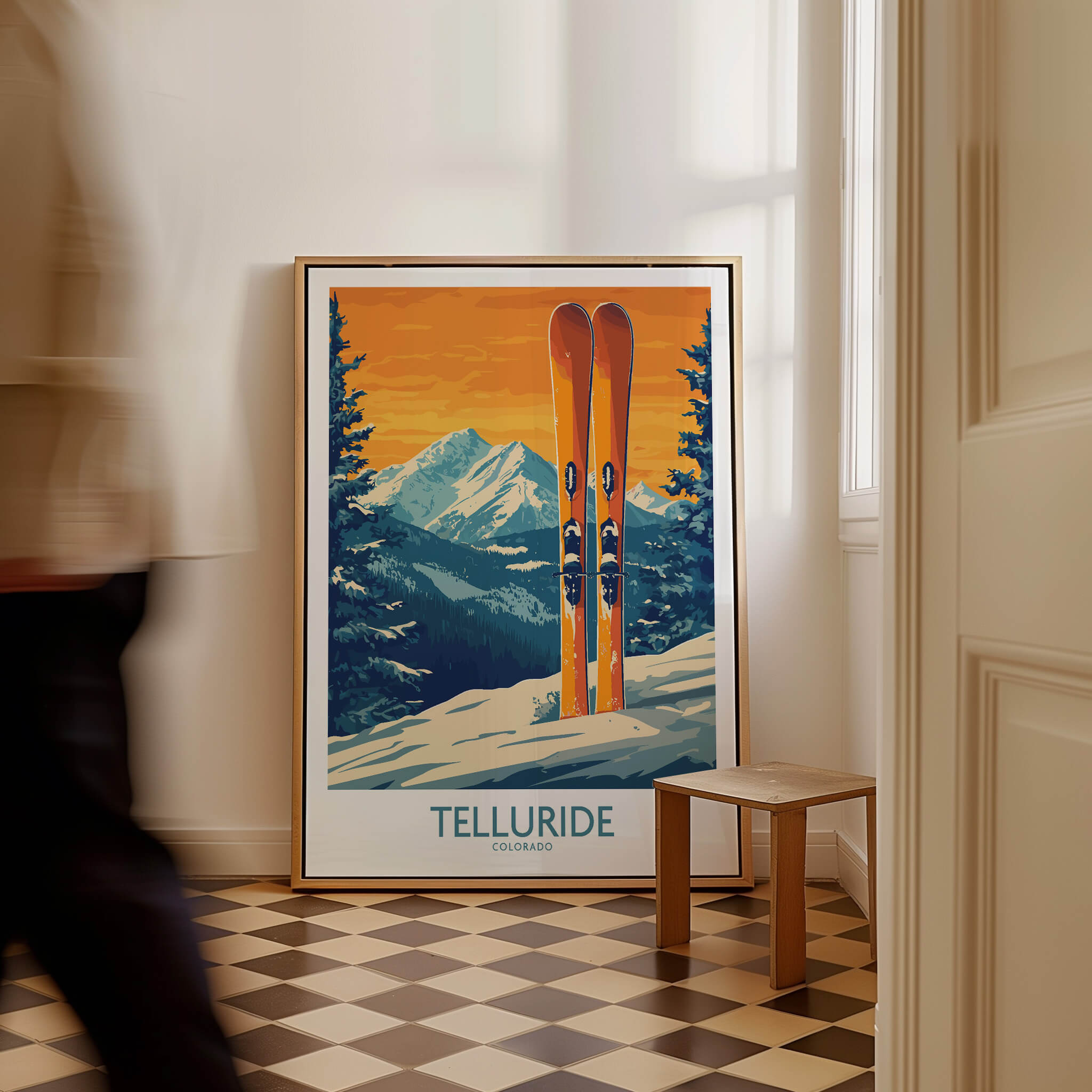 Telluride Ski Print - Colorado showcased in a stylish interior setting, highlighting winter sports and mountain beauty.