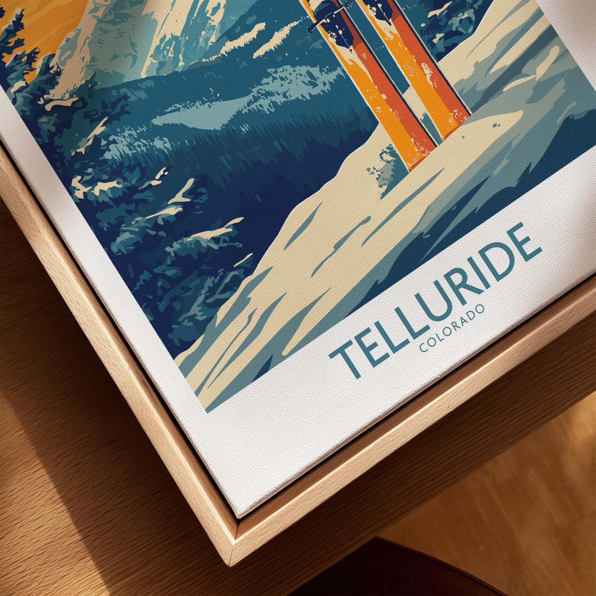 Telluride Ski Print - Colorado displayed in a stylish wooden frame, showcasing the beauty of Colorado skiing.