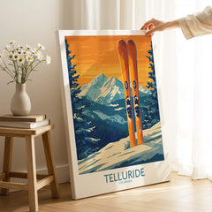 Telluride Ski Print - Colorado featuring ski equipment and mountain scenery in warm sunset colors.