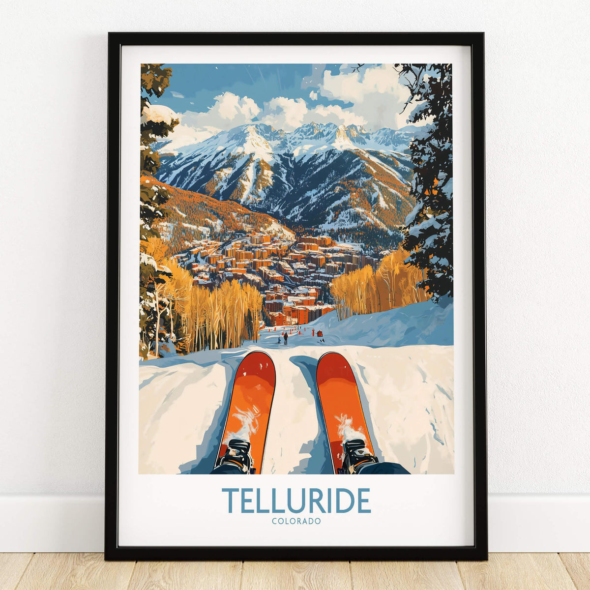 Telluride Wall Art Ski Poster featuring a scenic view of the mountains and skis in the snow.