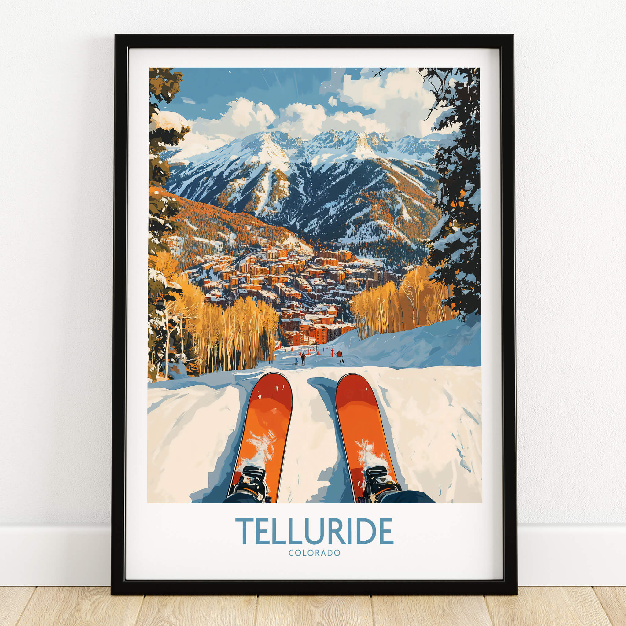 Telluride Wall Art Ski Poster featuring a scenic view of the mountains and skis in the snow.