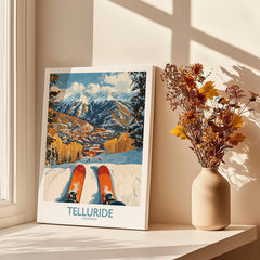 Telluride Wall Art Ski Poster featuring scenic mountain view and skis in foreground by window.