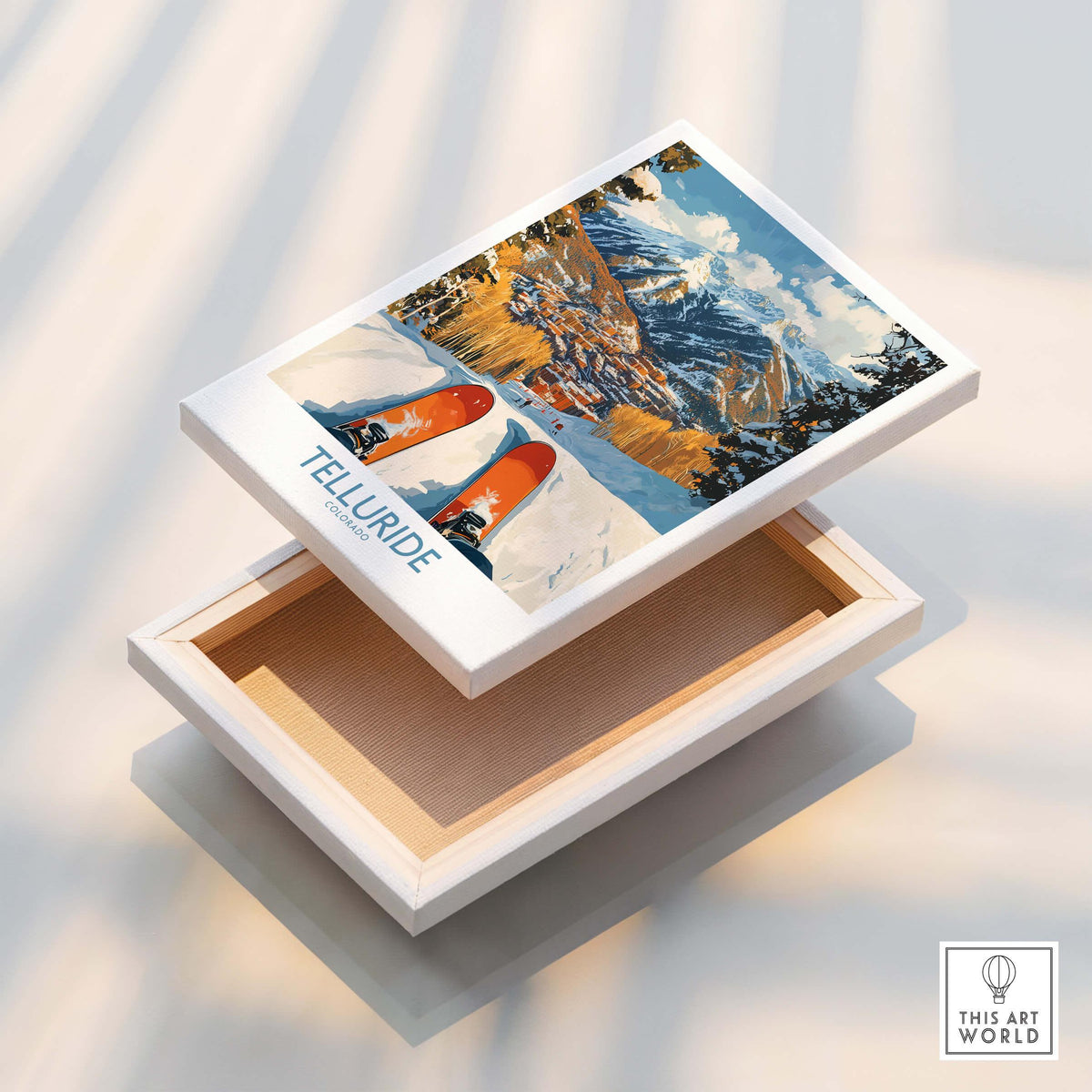 Telluride Wall Art Ski Poster featuring scenic mountains and skis, perfect for ski enthusiasts.