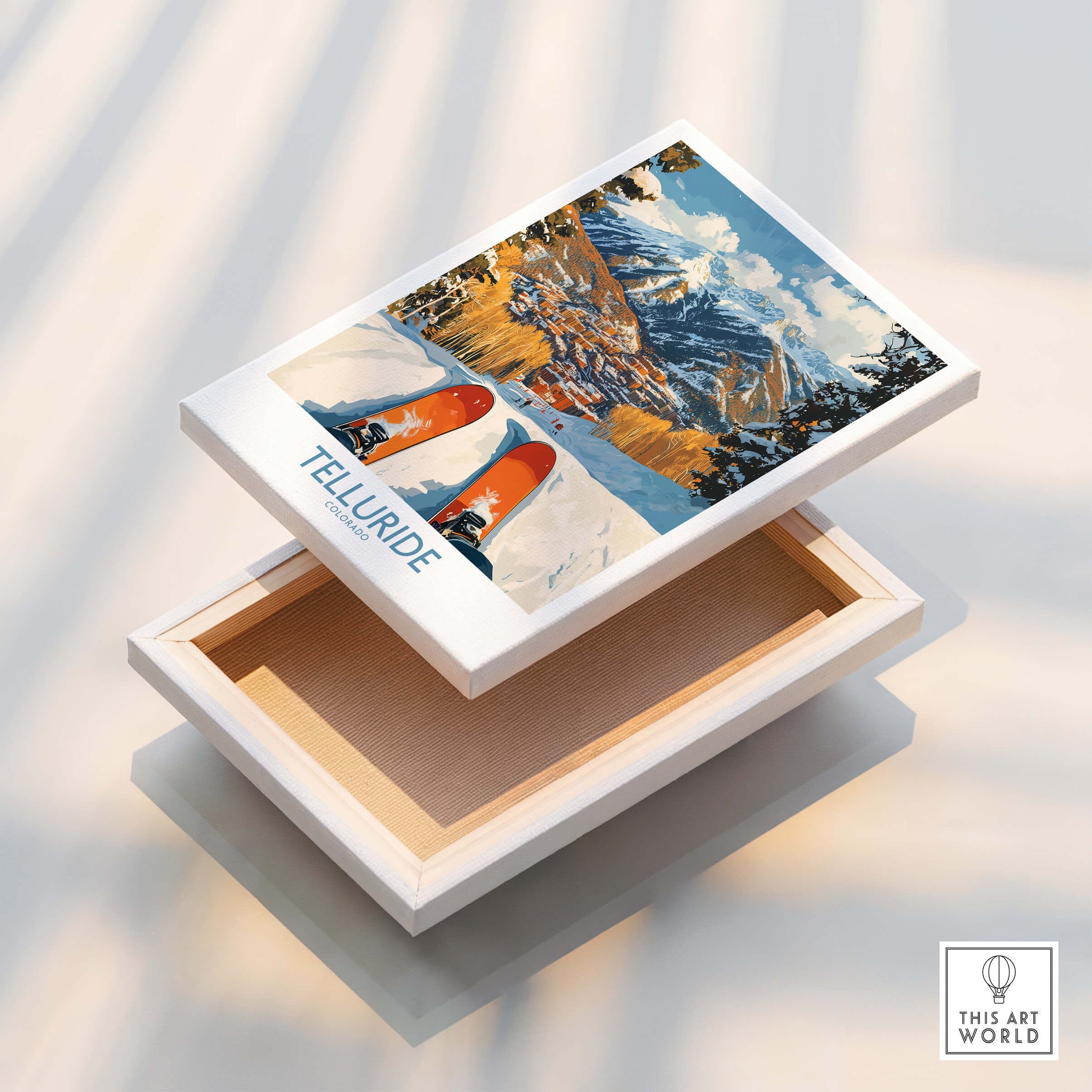 Telluride Wall Art Ski Poster featuring scenic mountains and skis, perfect for ski enthusiasts.