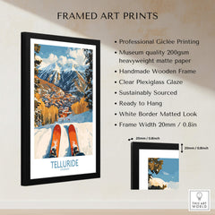 Telluride Wall Art Ski Poster featuring vibrant mountain scenery and ski equipment in a sleek wooden frame.