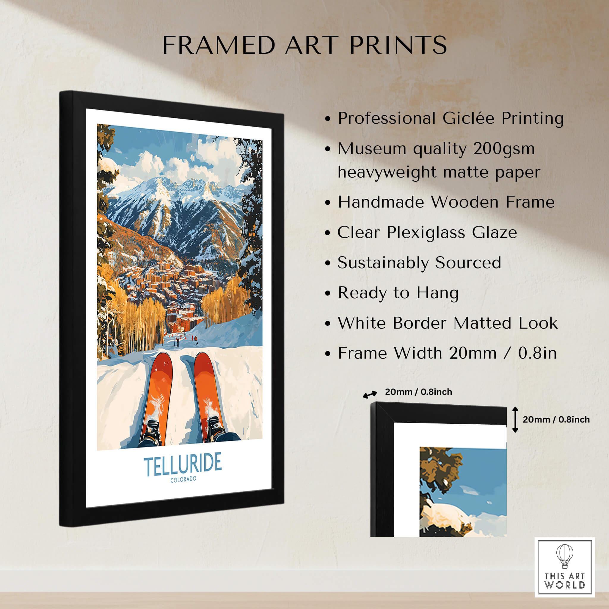 Telluride Wall Art Ski Poster featuring vibrant mountain scenery and ski equipment in a sleek wooden frame.